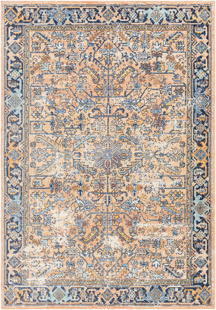 Close-up of the Dolly Area Rug, featuring a traditional design in dark beige, denim, and brown tones. Design-Rectangle-5373
