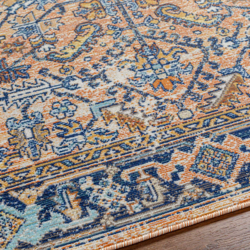 Close-up of the Dolly Area Rug, showcasing its traditional dark beige, blue, and orange intricate pattern and soft texture. Texture