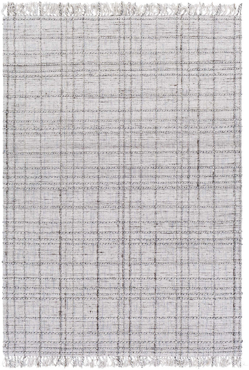 Close-up of the hand-loomed Delanco Area Rug. Dark brown, ivory, pale blue, and white plaid pattern with fringe. Design-Rectangle-576