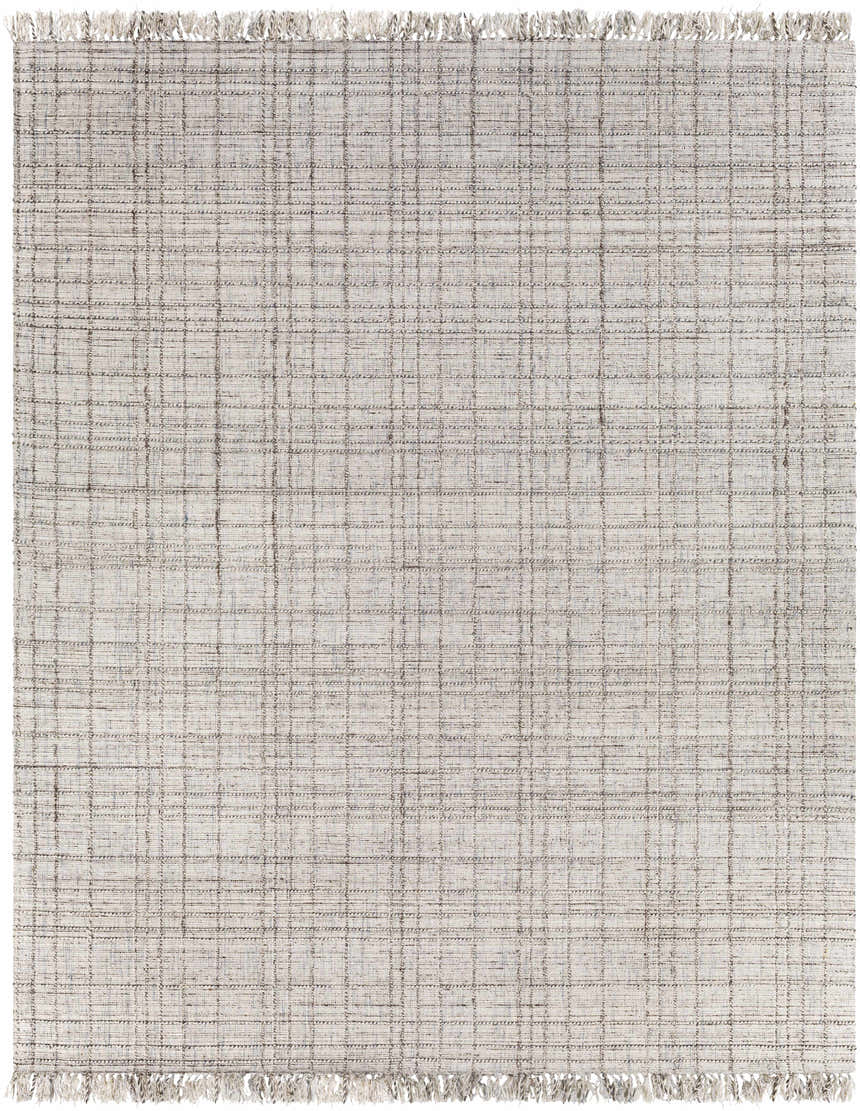 Close-up of the Delanco Area Rug. Hand-loomed viscose rug in ivory, dark brown, and pale blue with a subtle plaid pattern. Design-Rectangle-810