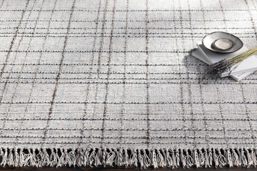 Close up of the hand-loomed Delanco Area Rug. Features a contemporary dark brown and pale blue plaid design with white fringe. Styleshot
