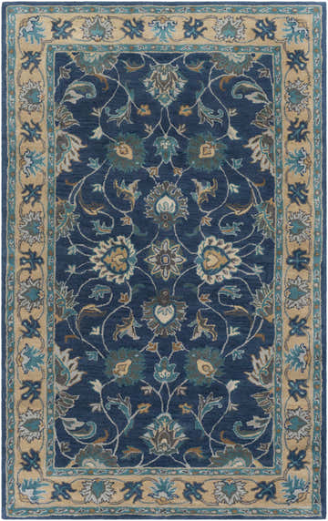 Close-up of the Cherryfield Hand Tufted Navy Area Rug. Features a traditional floral pattern in navy, beige, and teal. Design-Rectangle-58