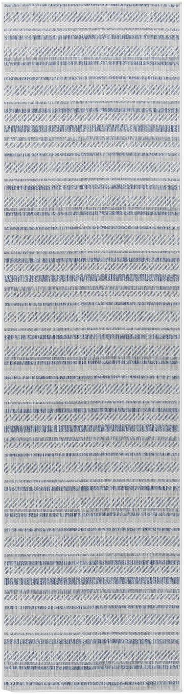 Close-up of the Dumalag Striped Nordic Rug. Features blue and gray stripes in a textured, machine-woven design. Design-Runner-2710