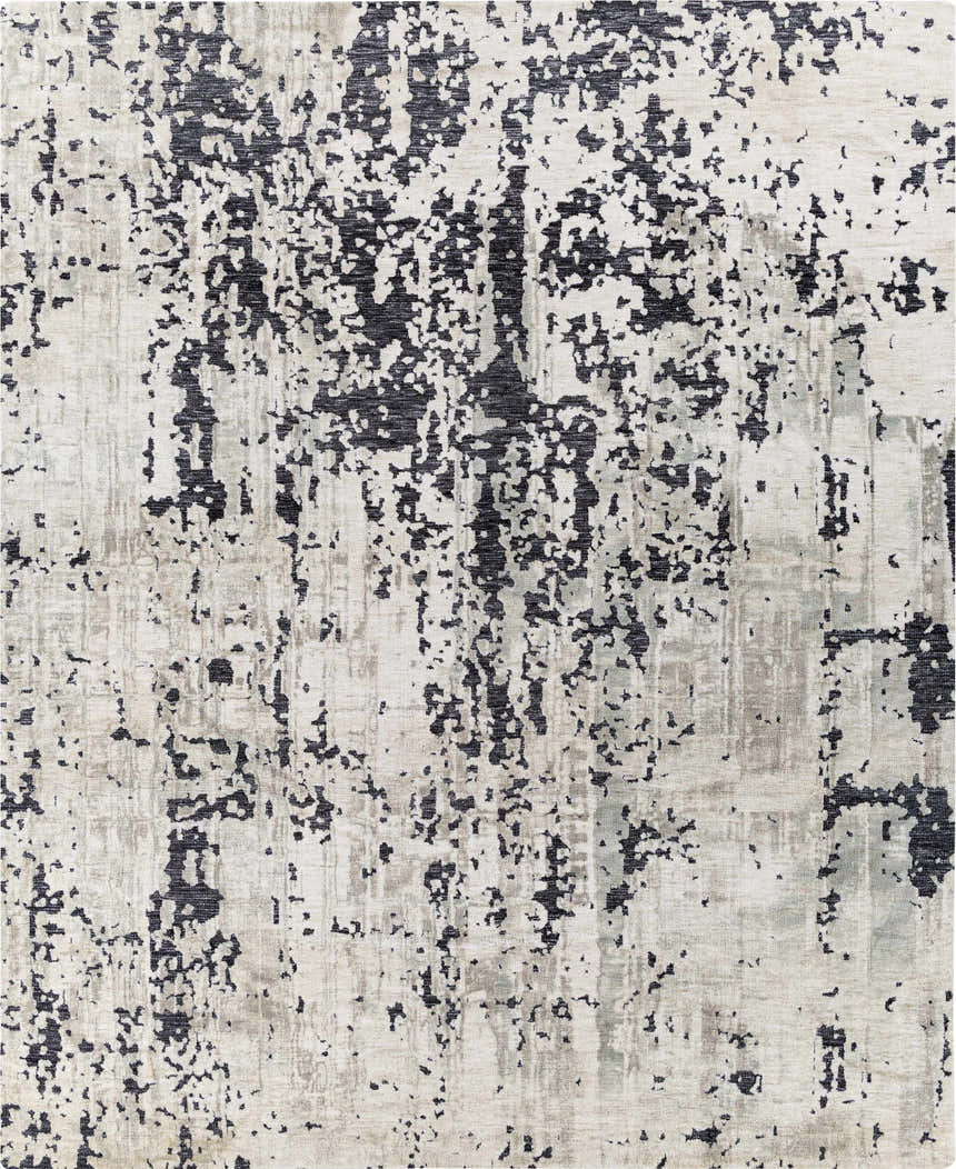 Close-up of the Dundry Area Carpet. Charcoal and cream abstract design on a hand-woven microfiber rug. Contemporary style. Design-Rectangle-810