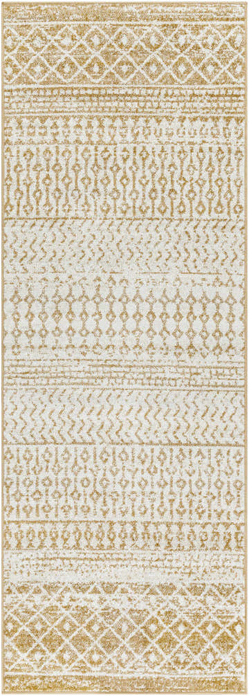 Close-up of the Dong Area Rug. Beige and light brown farmhouse style rug with geometric patterns. Polypropylene, machine woven. Design-Runner-2776