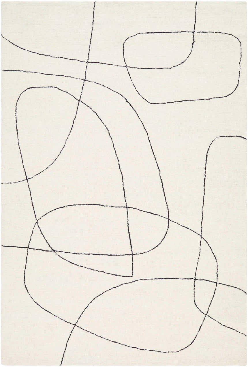 Close-up of Deniz Modern Off-White Wool Rug with abstract gray line art on a textured off-white wool background. Design-Rectangle-576