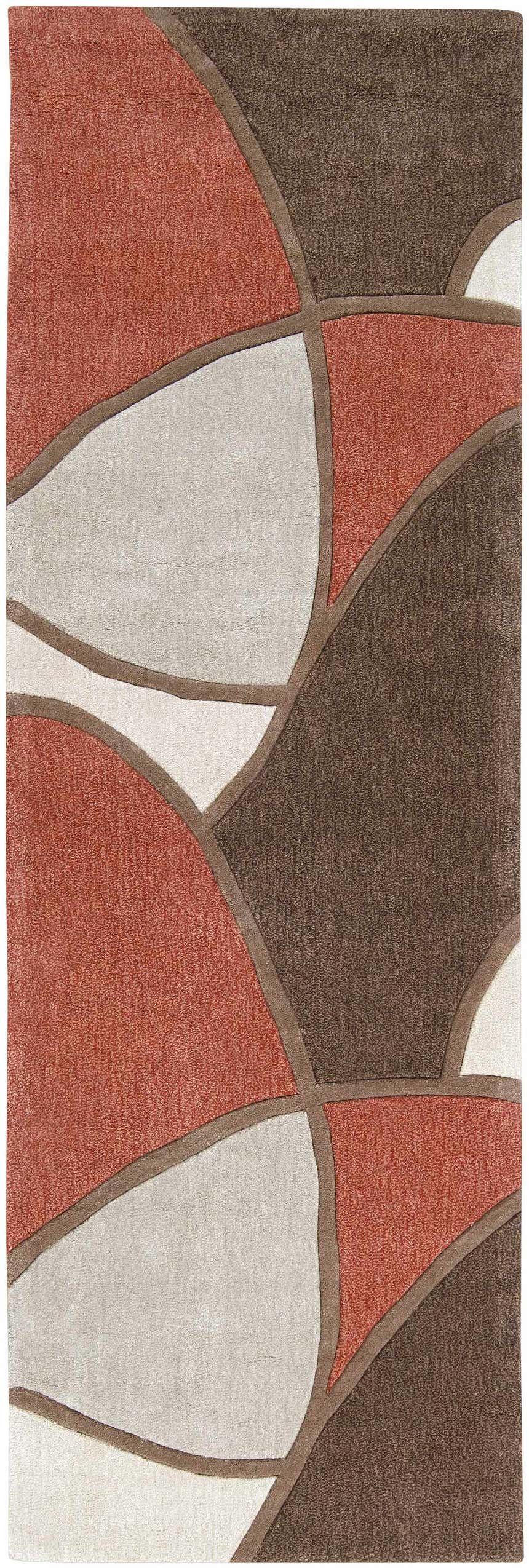 Close-up of the Docena Carpet, a contemporary rug with beige, brown, gray, and rust geometric shapes. Hand-tufted polyester texture. Design-Runner-268