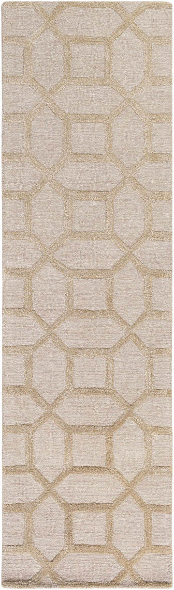 Close-up of the hand-tufted Dodgertown Area Rug. Beige and ivory wool rug with a contemporary geometric pattern. Design-Runner-38