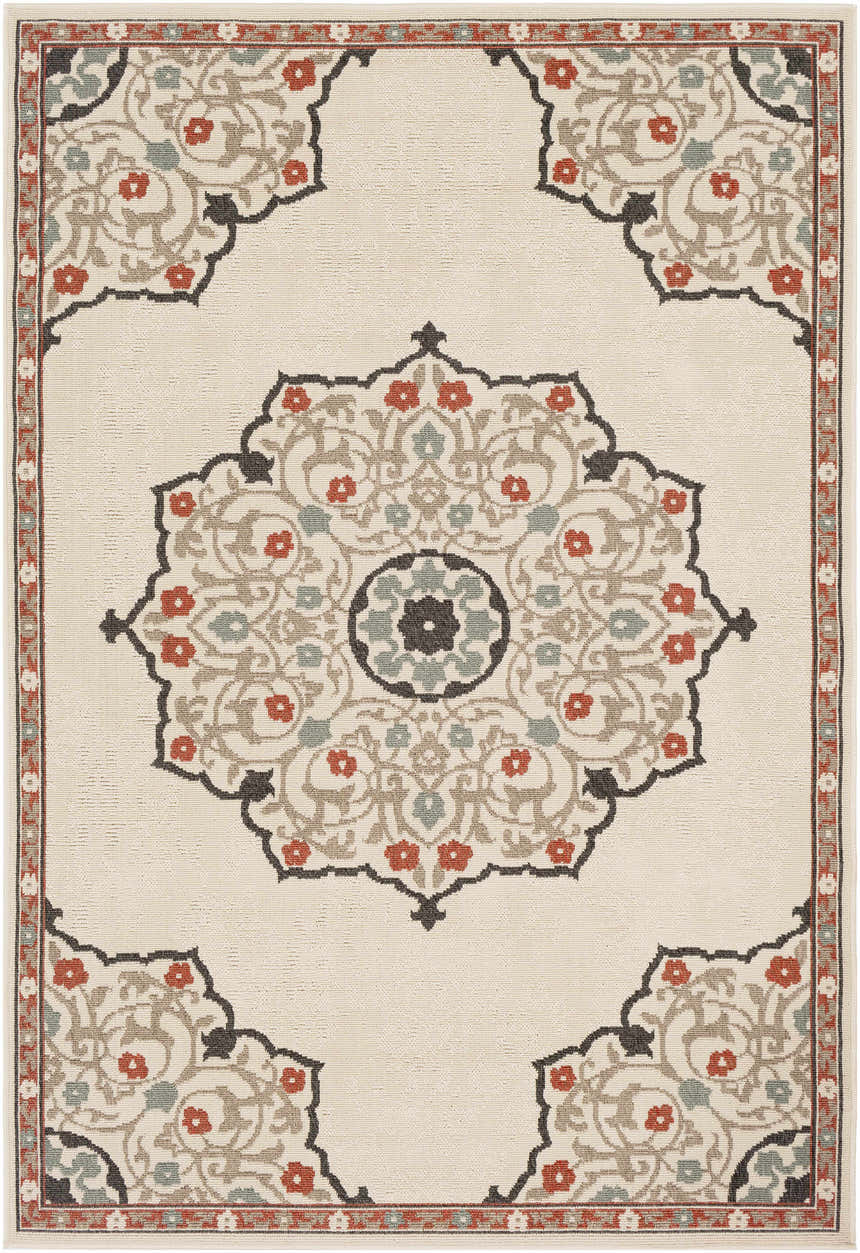 Close-up of the Dolomite Carpet, a beige rug with traditional floral medallion patterns in rust, brown, sage, and black. Design-Rectangle-5376