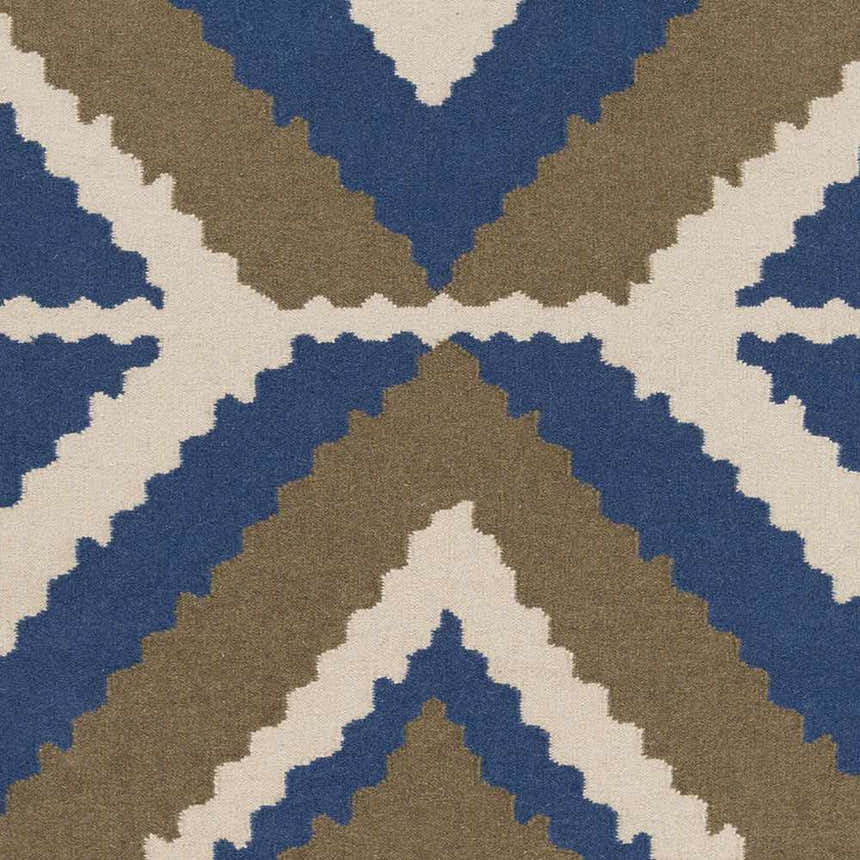 Close-up of the Doncaster Area Rug. Hand-woven wool rug in charcoal, dark blue, and light beige with a geometric pattern. Swatch