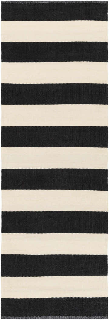 Close-up of the Douds Area Rug. Black and cream horizontal stripes create a contemporary design. Hand woven PVC texture. Design-Runner-268