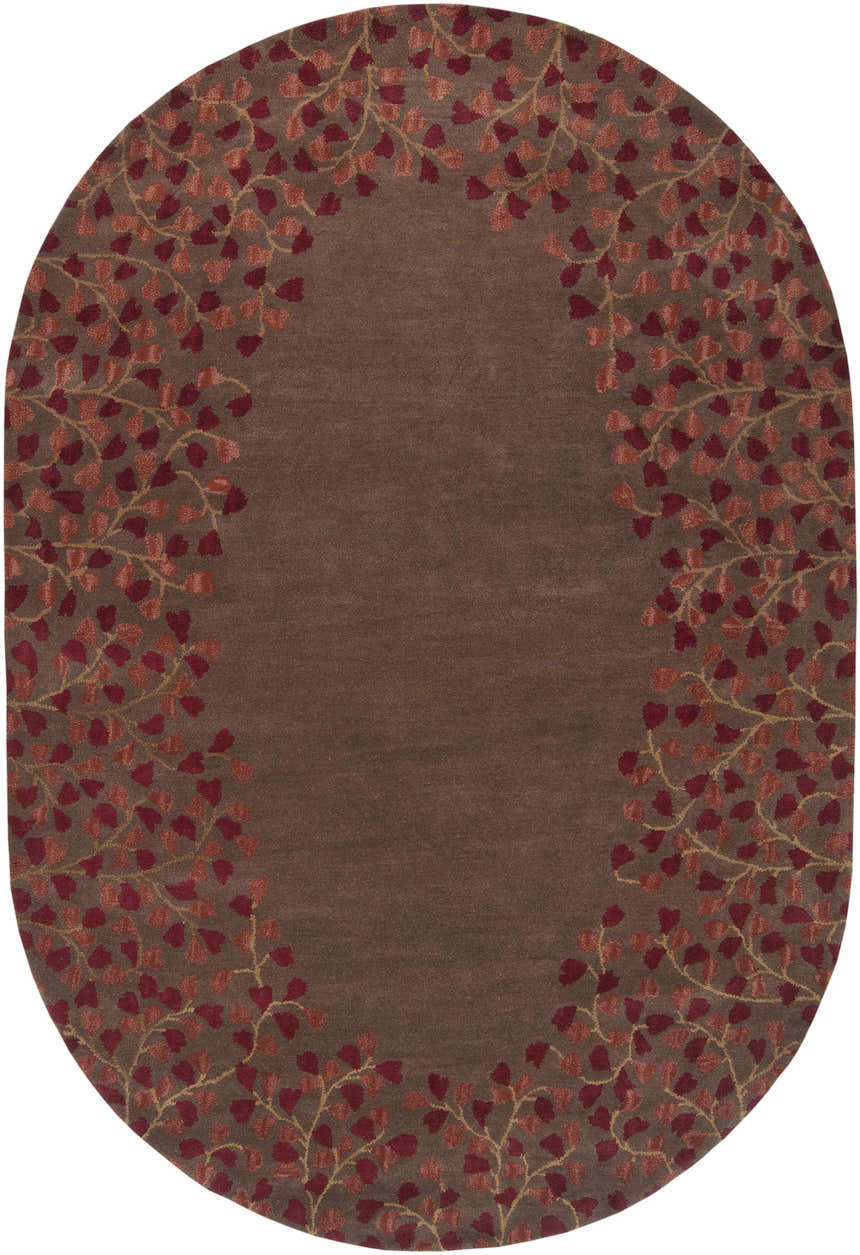 Oval Dovercourt Clearance Rug. Brown wool rug with brick red leaf pattern border. Farmhouse style. Design-Oval-69