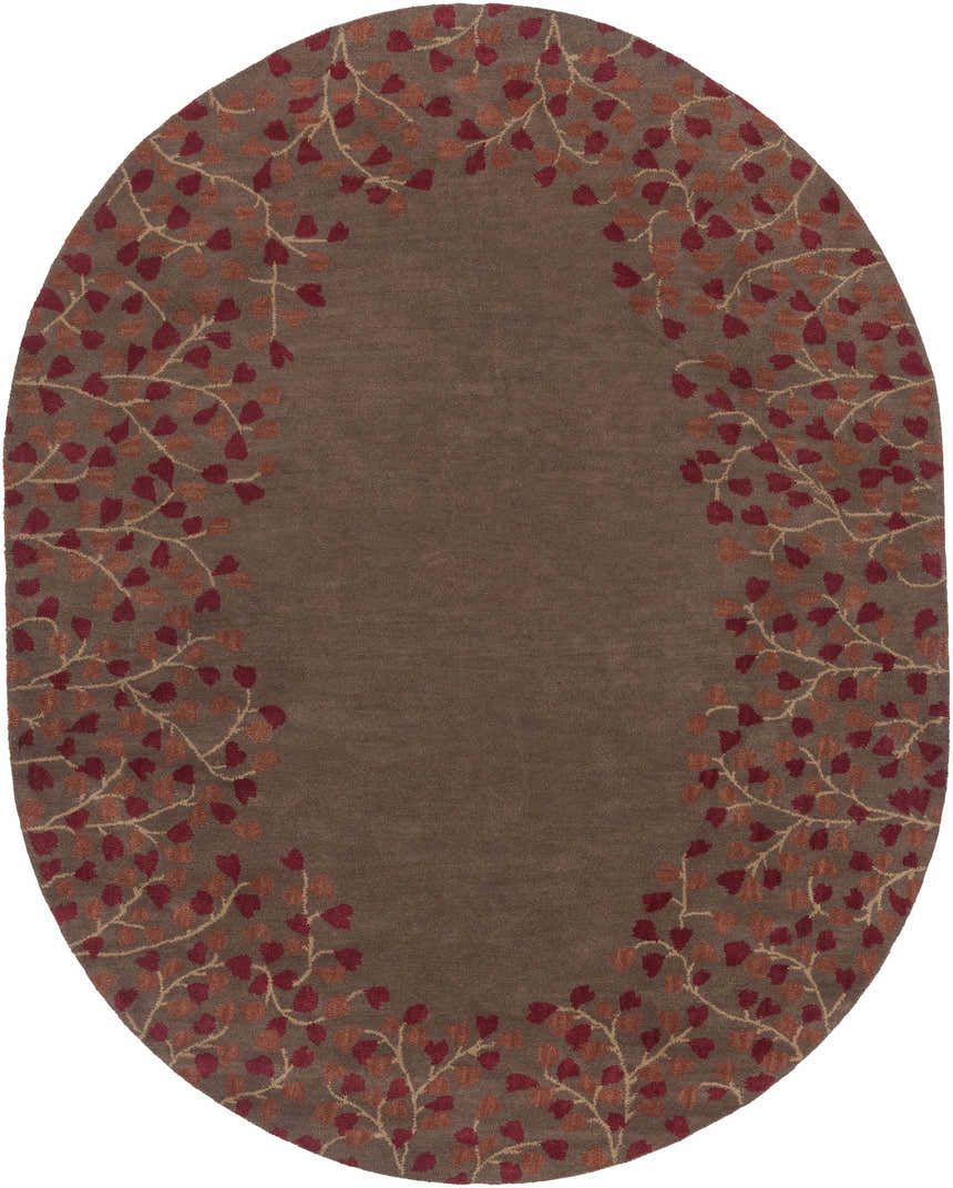 Oval Dovercourt Clearance Rug with a dark brown center and a brick red and mustard leaf pattern border. Design-Oval-810