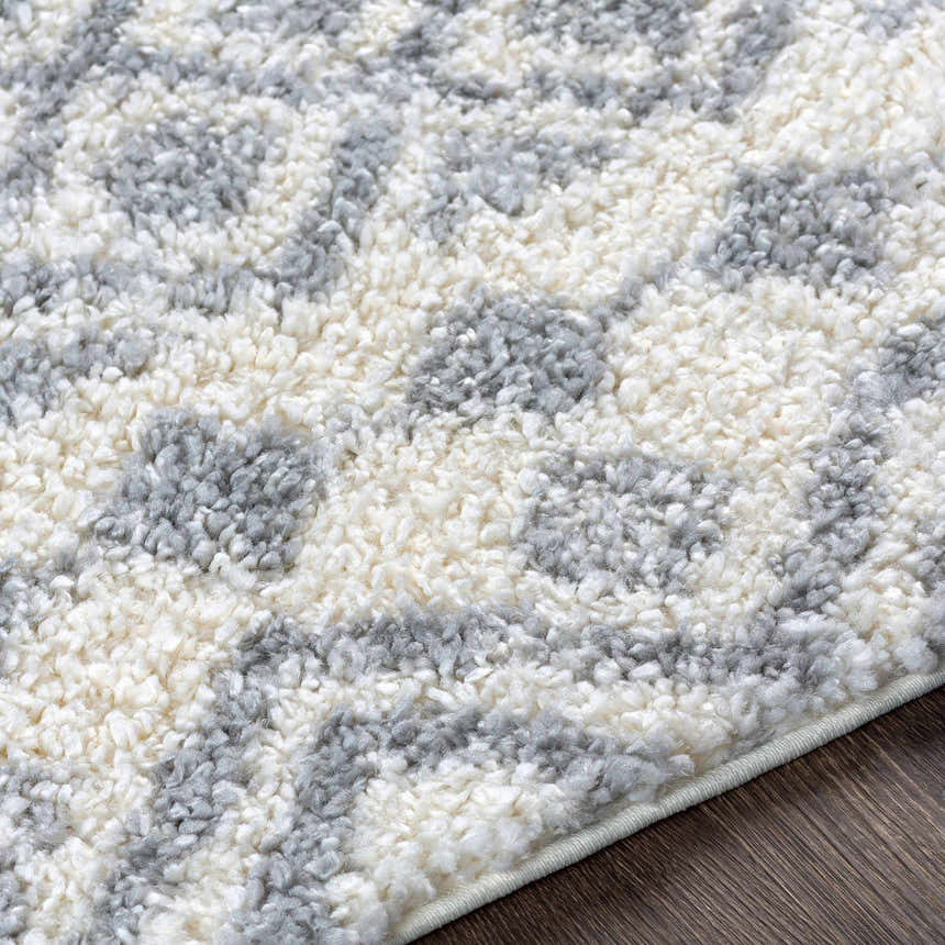 Close-up of Downton Area Rug showing a gray and ivory geometric pattern and plush, textured pile. Texture