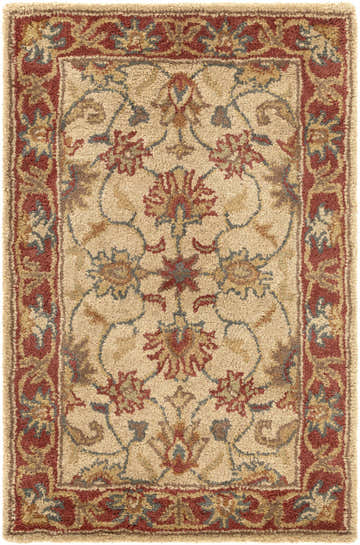 Close-up of the Cherryfield Hand Tufted Brown & Rust 1001 Wool Rug. Features a traditional floral pattern and brick red border. Design-Rectangle-23