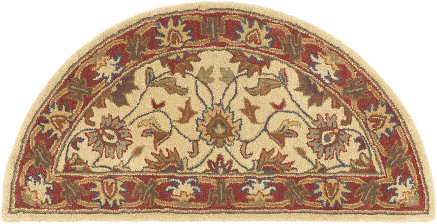 Close-up of the Hearth-shaped Cherryfield Hand Tufted Wool Rug. Brown, rust, and tan floral oriental design. Design-Hearth