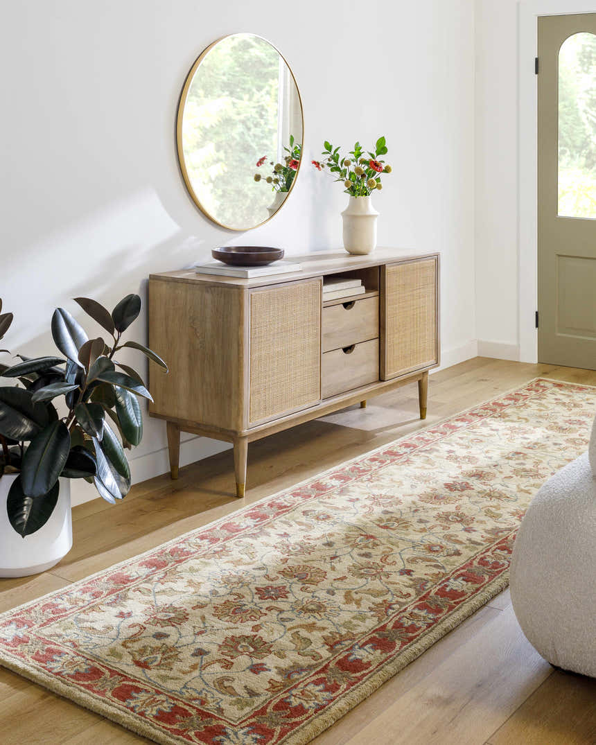 Entryway with Cherryfield Hand Tufted Brown & Rust 1001 Wool Rug runner, wood console table, round mirror, and hardwood floors. Roomscene-Runner