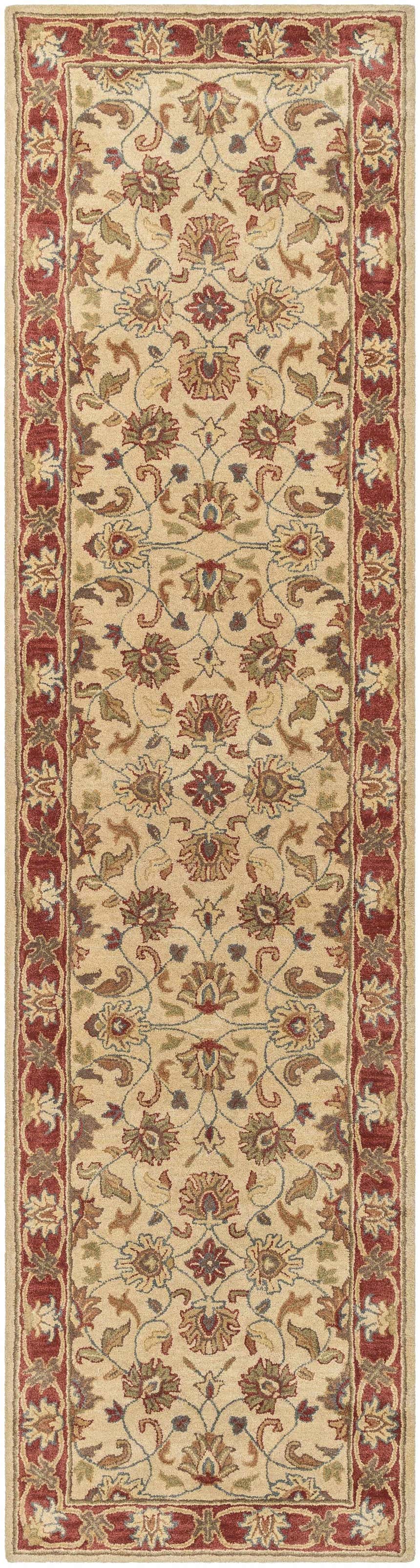 Close-up of the Cherryfield Hand Tufted Brown & Rust 1001 Wool Rug, featuring a traditional floral pattern and brick red border. Design-Runner-312