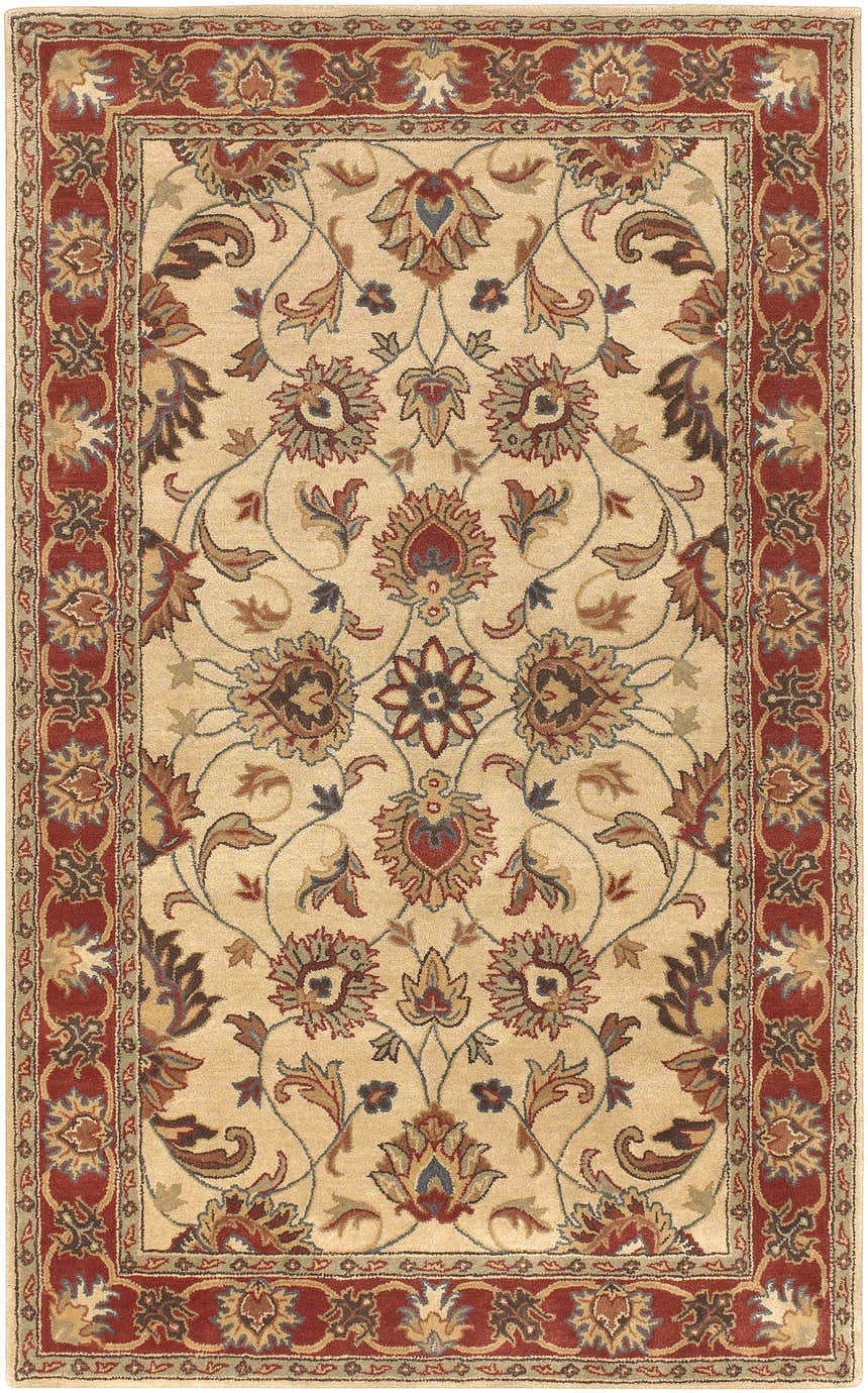 Close-up of the Cherryfield Hand Tufted Brown & Rust 1001 Wool Rug. Features a traditional floral pattern with brick red and brown tones. Design-Rectangle-58