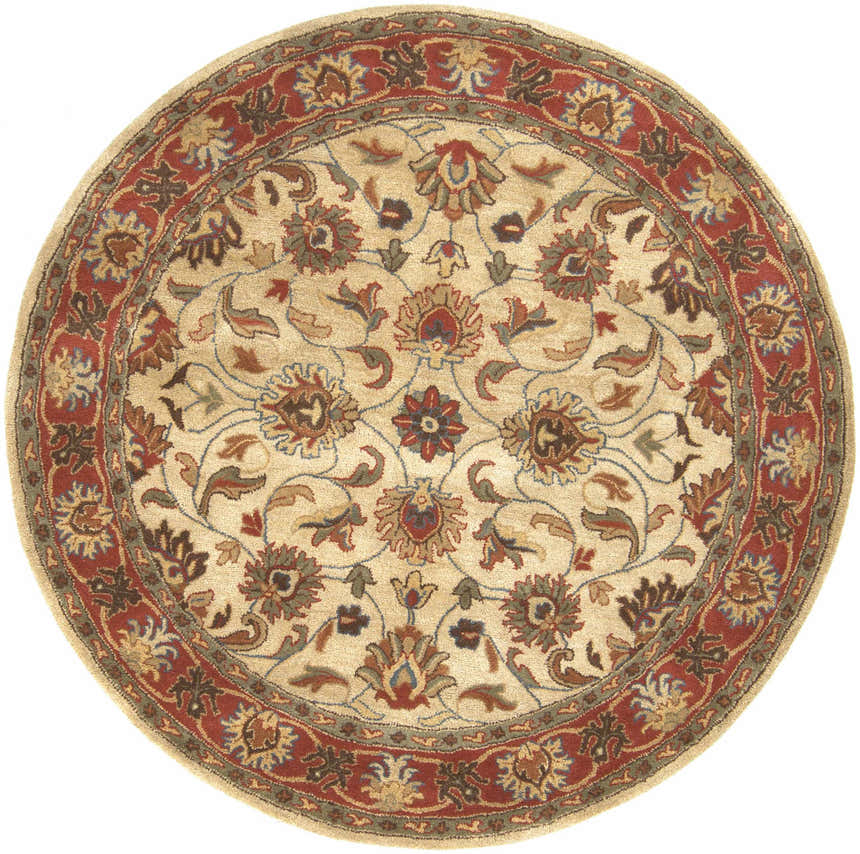 Round Cherryfield Hand Tufted Brown & Rust 1001 Wool Rug with oriental floral pattern in brick red, brown, and tan. Design-Round-6