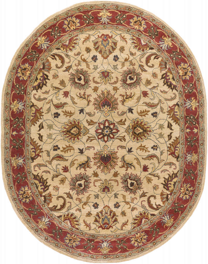 Oval Cherryfield Hand Tufted Wool Rug. Beige rug with rust, brown, and navy floral pattern and border. Farmhouse style. Design-Oval-810