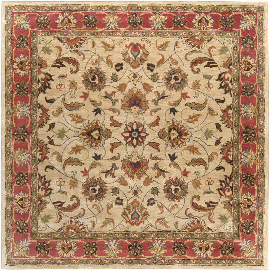 Detailed floral pattern of the Cherryfield Hand Tufted Brown & Rust 1001 Wool Rug. Colors include brick red, brown, and tan. Design-Square-8