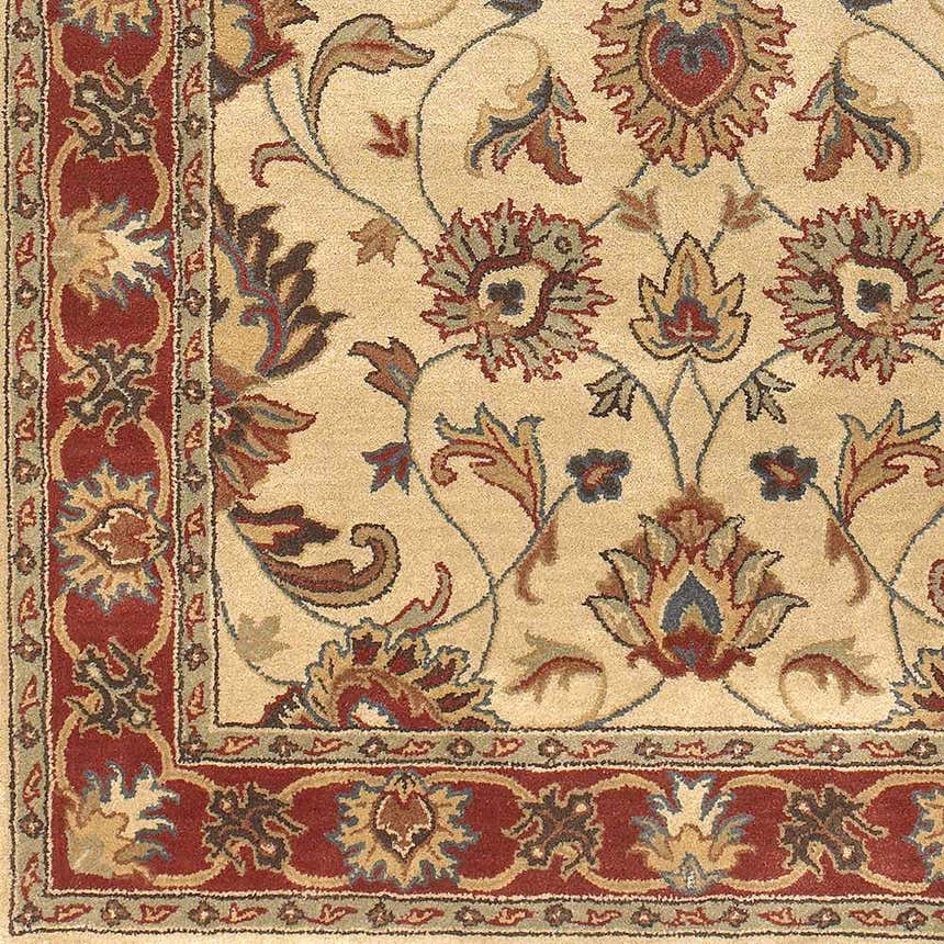 Close-up of the Cherryfield Hand Tufted Brown & Rust 1001 Wool Rug. Features a floral oriental pattern and brick red border. Swatch