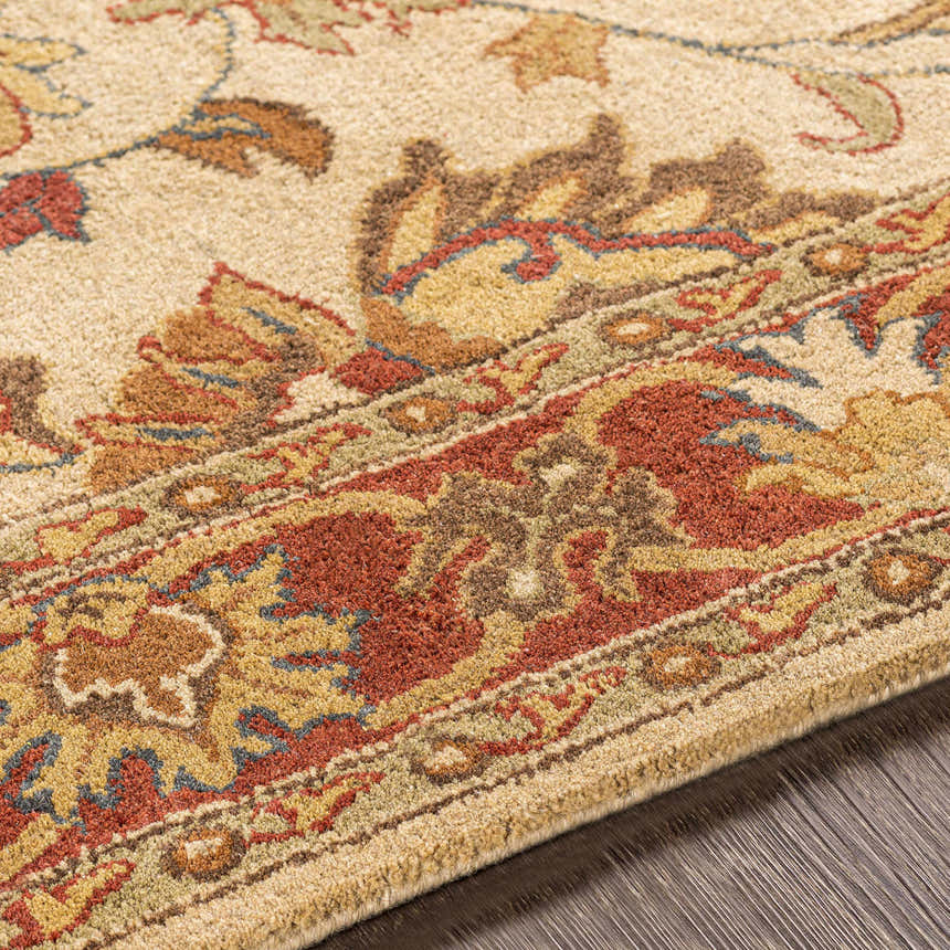 Close-up of the hand-tufted Cherryfield Brown & Rust 1001 Wool Rug, showing the oriental floral pattern and soft, textured wool. Texture