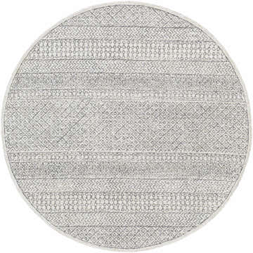 Close-up of a round Dugway Tufted Maroc Wool Rug. Features a gray and light beige Moroccan-inspired geometric pattern. Design-Round-6