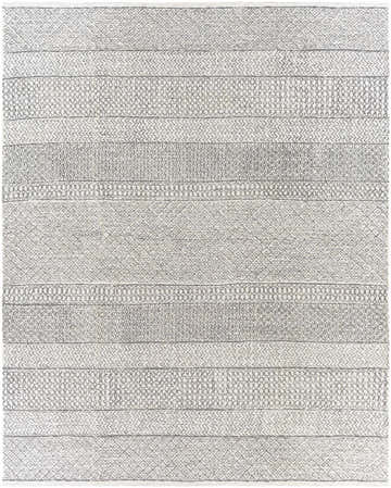 Close-up of the Dugway Tufted Maroc Wool Rug. Features a horizontal striped pattern in black, charcoal, and light beige. Design-Rectangle-810