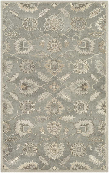 Detailed floral pattern of the hand-tufted wool Dulles Area Rug in light beige, brown, taupe, and charcoal. Design-Rectangle-58
