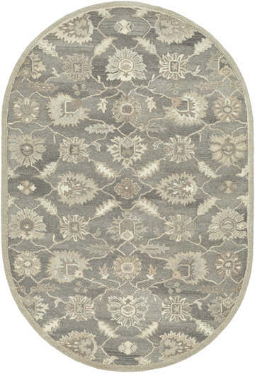 Oval Dulles Area Rug with a floral pattern in shades of black, brown, beige, and taupe. Hand-tufted wool rug. Design-Oval-69