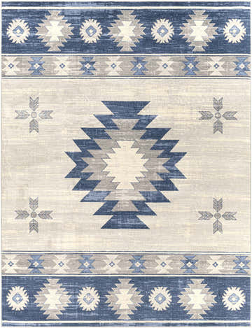 Dumfries Area Rug close-up featuring a Southwestern geometric pattern in denim, gray, ivory, and silver gray. Design-Rectangle-710103