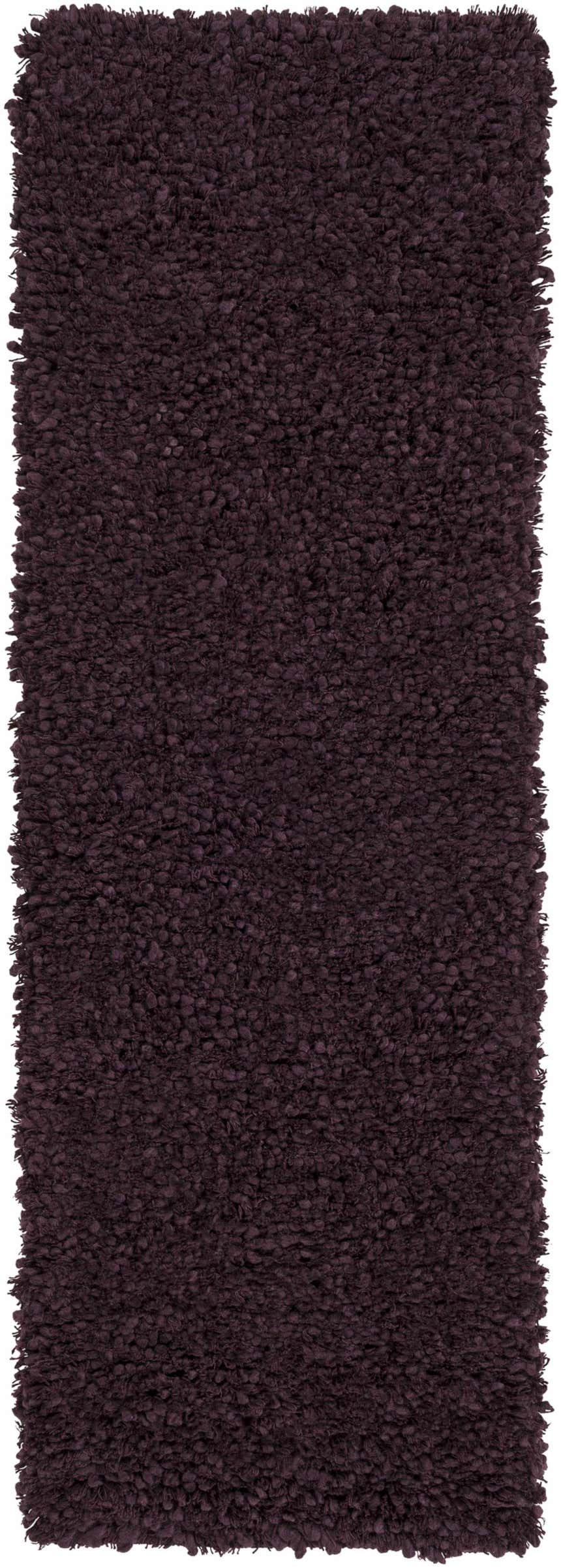 Close-up of the plum Duncanville Area Carpet. Hand-woven with a textured, looped wool pile. Contemporary style. Design-Runner-268