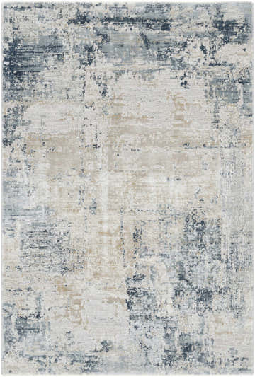 Close-up of the Devonport Thick Luxe Area Rug with a contemporary abstract design in dusty sage, light gray, navy, and taupe. Design-Rectangle-575