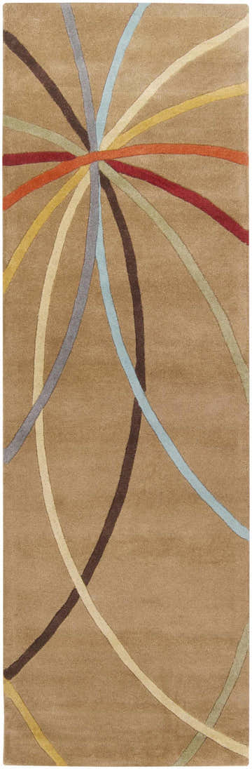 Close-up of the Davison Brown Geometric Modern Wool Rug. Features aqua, red, and brown curved lines on a wheat-colored background. Design-Runner-268