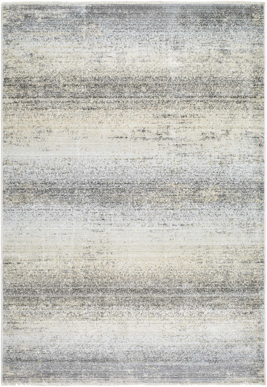 Close-up of the Uzima Gray Area Rug showing a contemporary, horizontal striped pattern in light slate, medium gray, and white. Design-Rectangle-5377