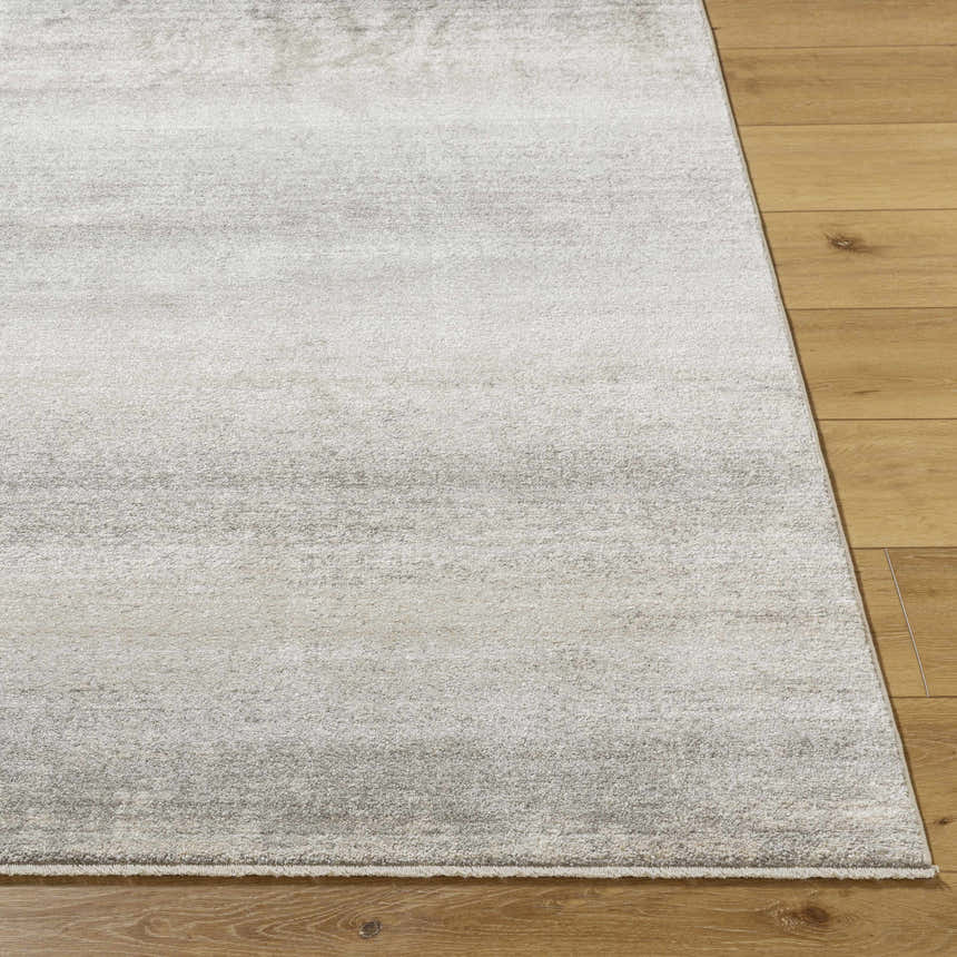 Close-up of the Uzima Gray Area Rug showing its subtle gray tones and soft texture on a wood floor. Front