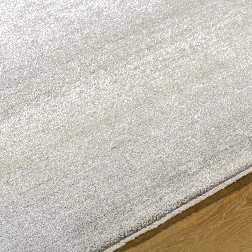 Close-up of the Uzima Gray Area Rug showing its subtle texture and light gray color on a wood floor. Texture