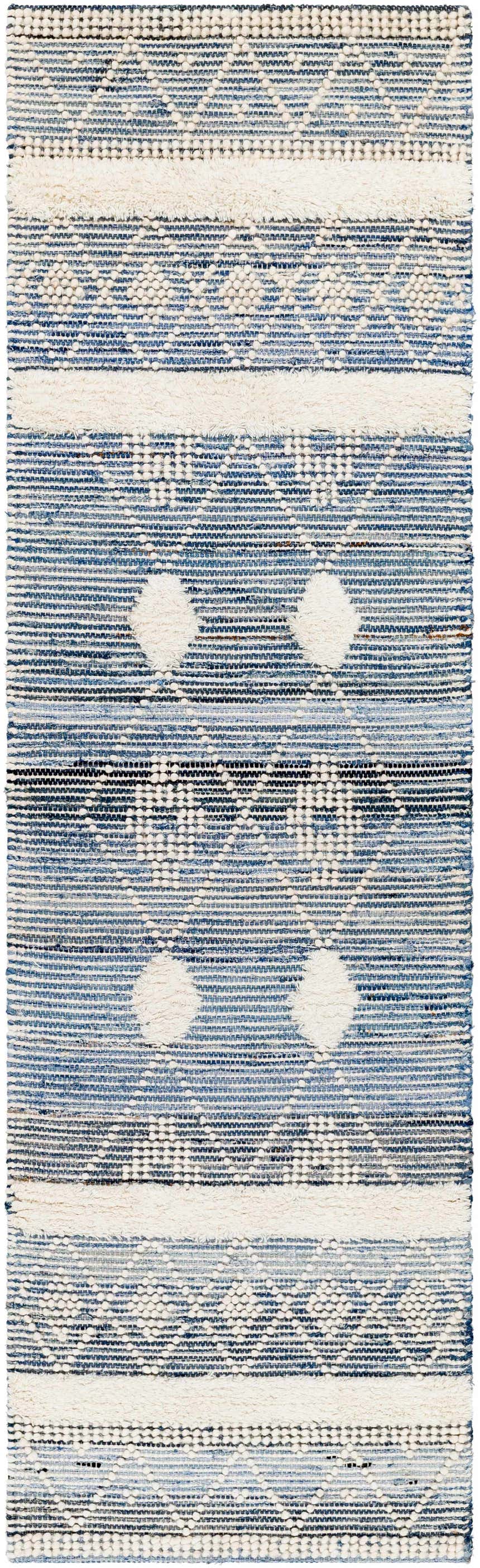 Close-up of the Eben Area Carpet. Hand woven rug in charcoal, light blue, navy and off-white with a geometric pattern. Design-Runner-268