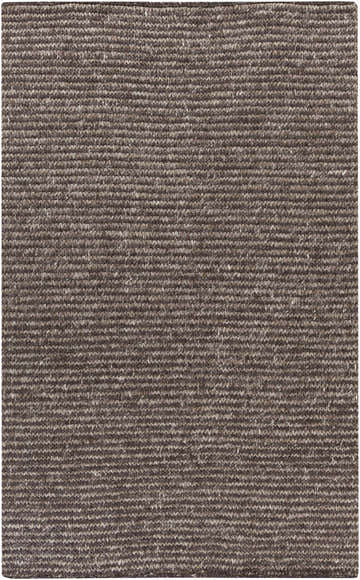 Close-up of the hand-woven Edisto Area Rug. Dark brown and gray wool and viscose fibers create a textured, farmhouse style. Design-Rectangle-58