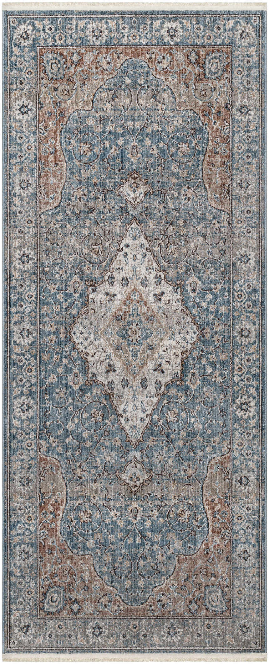 Close-up of the Edremit Area Rug. Traditional oriental rug in cream, dark blue, and brown with a distressed vintage pattern. Design-Runner