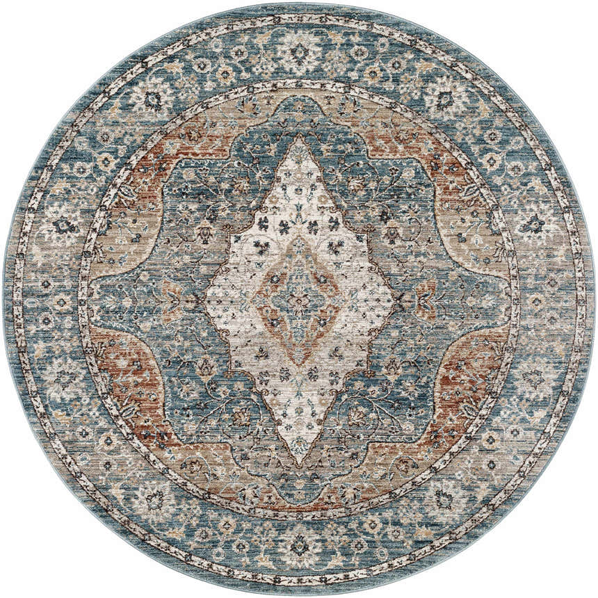 Close-up of round Edremit Area Rug. Oriental design in cream, dark blue, dusty pink, and medium brown tones. Design-Round