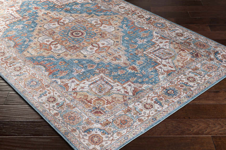 Close-up of the Eglinton Area Carpet. Traditional oriental rug design in burnt orange, dark blue, and beige on dark wood floor. Corner