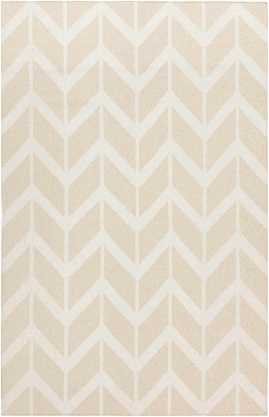 Close-up of the Elamton Area Rug with a contemporary beige and cream chevron pattern. Hand woven wool texture. Design-Rectangle-58