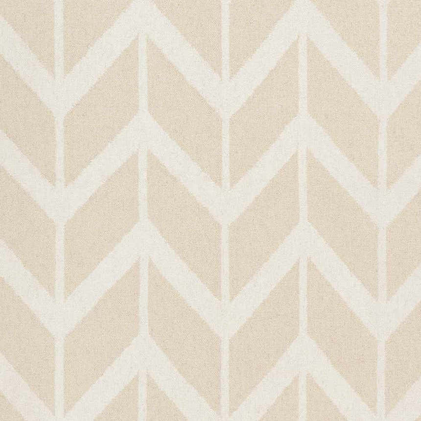 Close-up of the Elamton Area Rug. Beige and cream wool rug with a contemporary geometric chevron pattern. Hand woven texture. Swatch