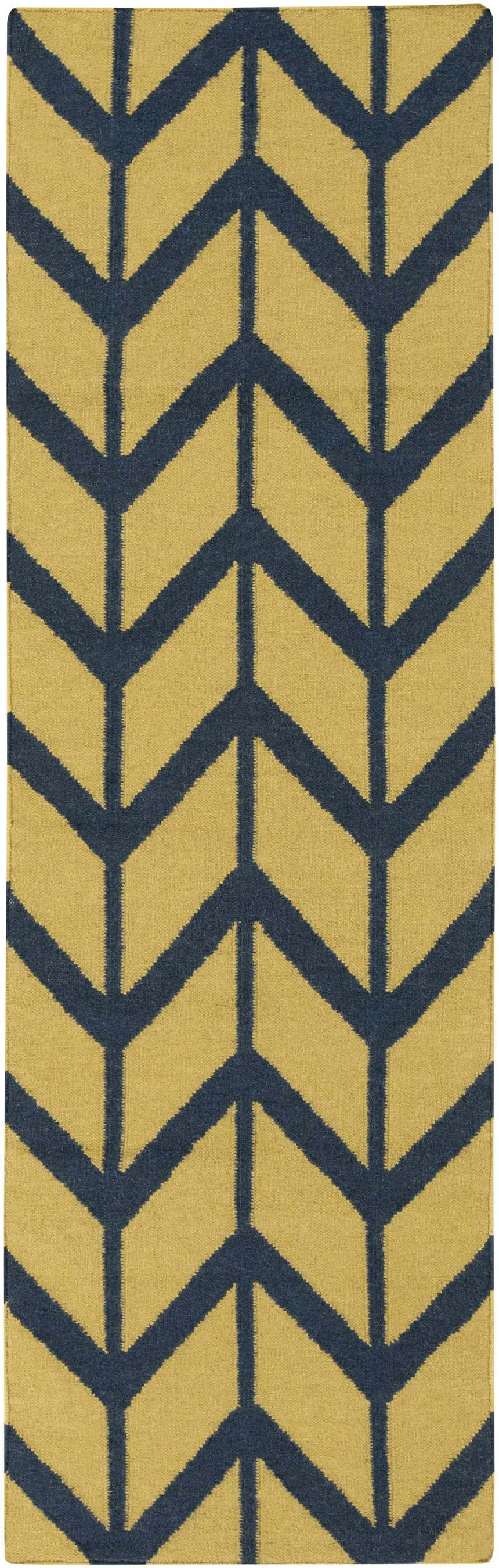 Close-up of the Eland Area Carpet. Hand-woven wool rug with a dark blue chevron pattern on an olive background. Design-Runner-268