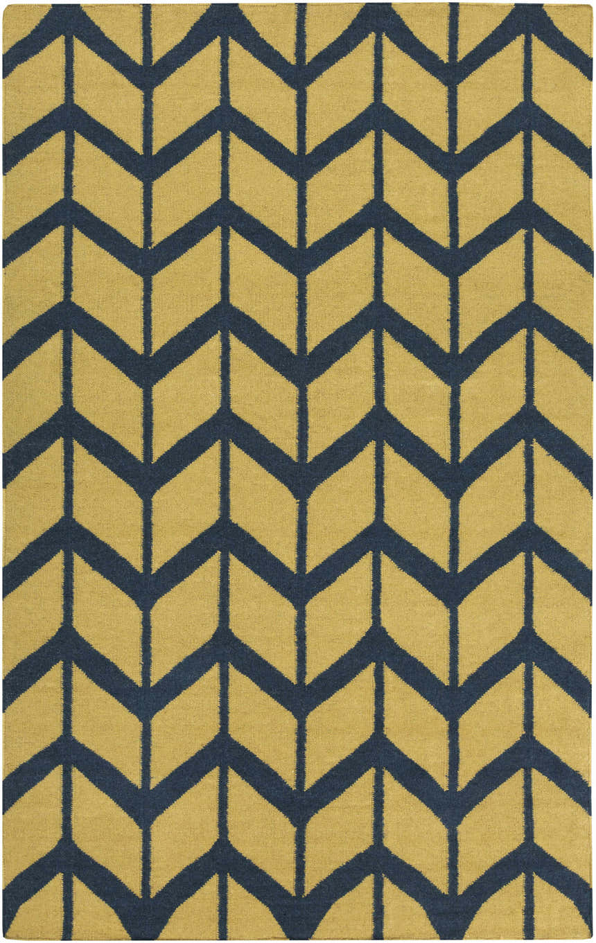 Close-up of the hand woven Eland Area Carpet. Dark blue chevron pattern on an olive green, 100% wool rug. Design-Rectangle-58