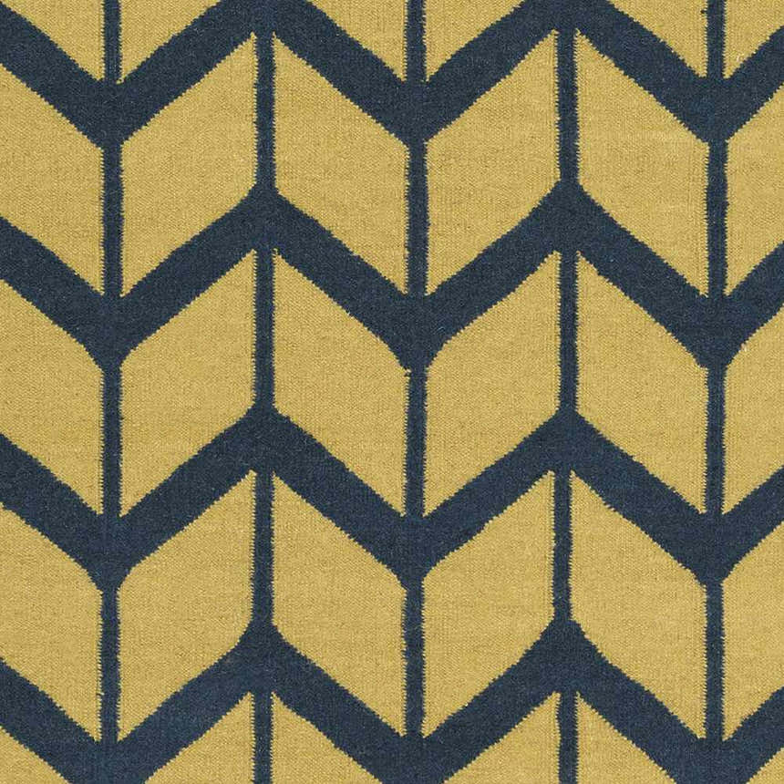 Close-up of the Eland Area Carpet; dark blue geometric pattern on olive wool rug. Swatch