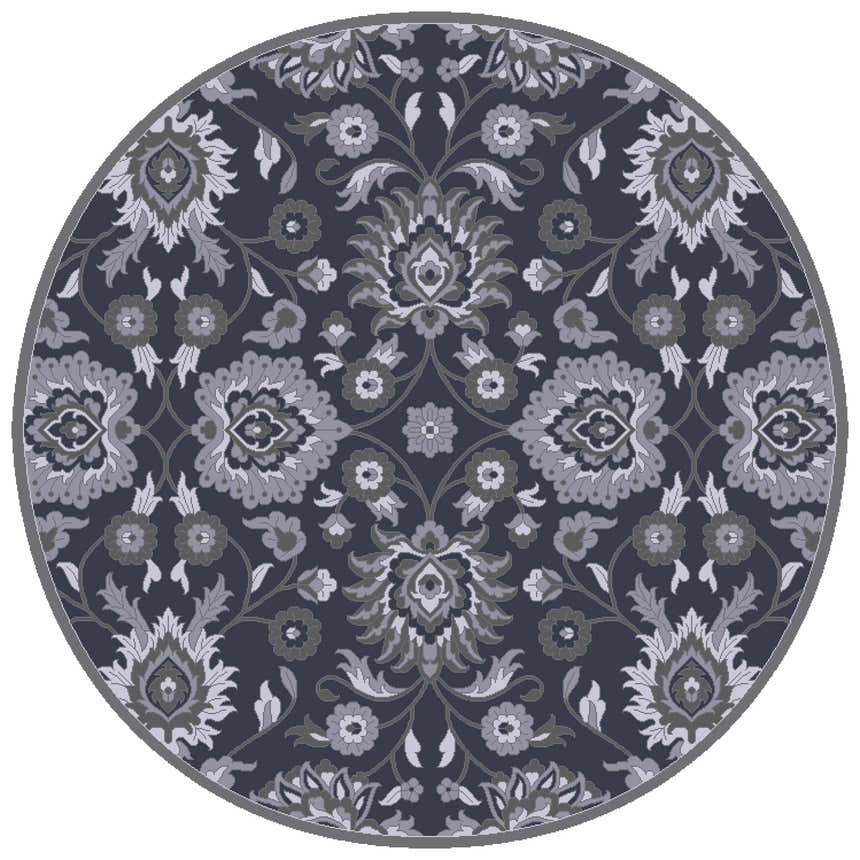 Close-up of the round Conesus Hand Tufted Blue 1191 Area Rug. Features a traditional floral pattern in charcoal, slate, and ink blue. Design-Round-6
